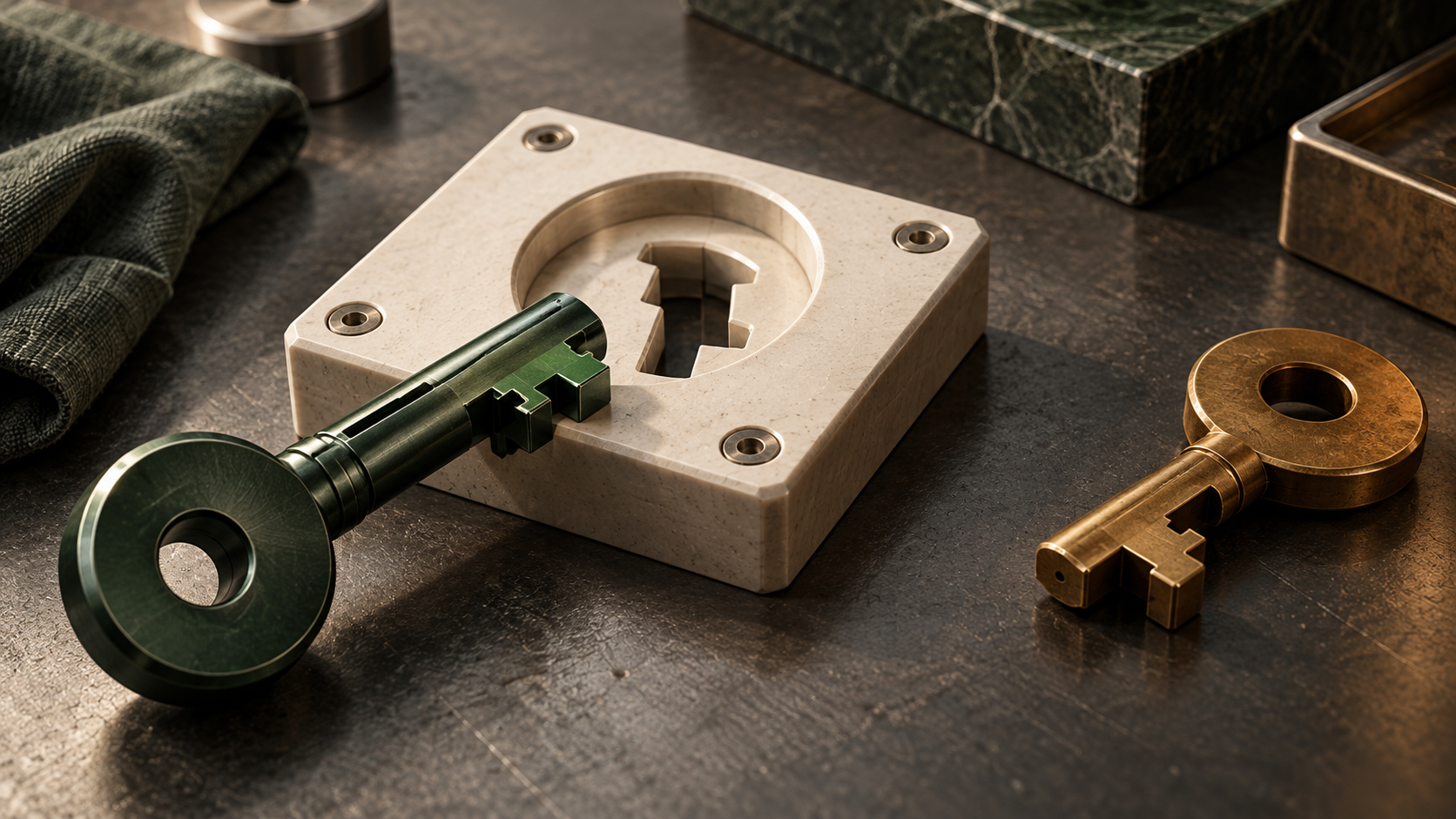 A green key rests beside an ivory socket, with a differently shaped amber key nearby.