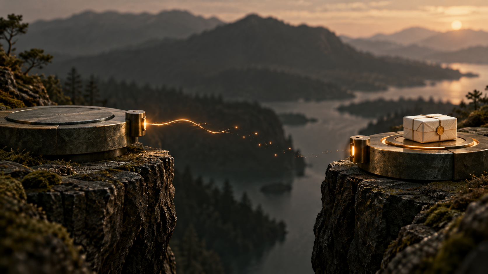 An ivory parcel rests on a receiving platform while an amber signal breaks across a gap.