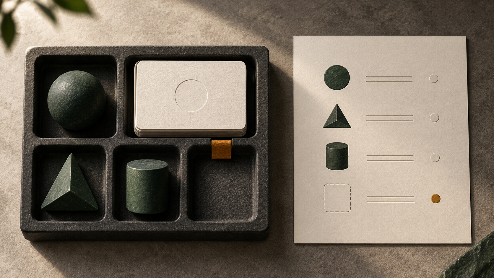 Ivory cards and small green objects are arranged in individual compartments beside an inventory sheet.