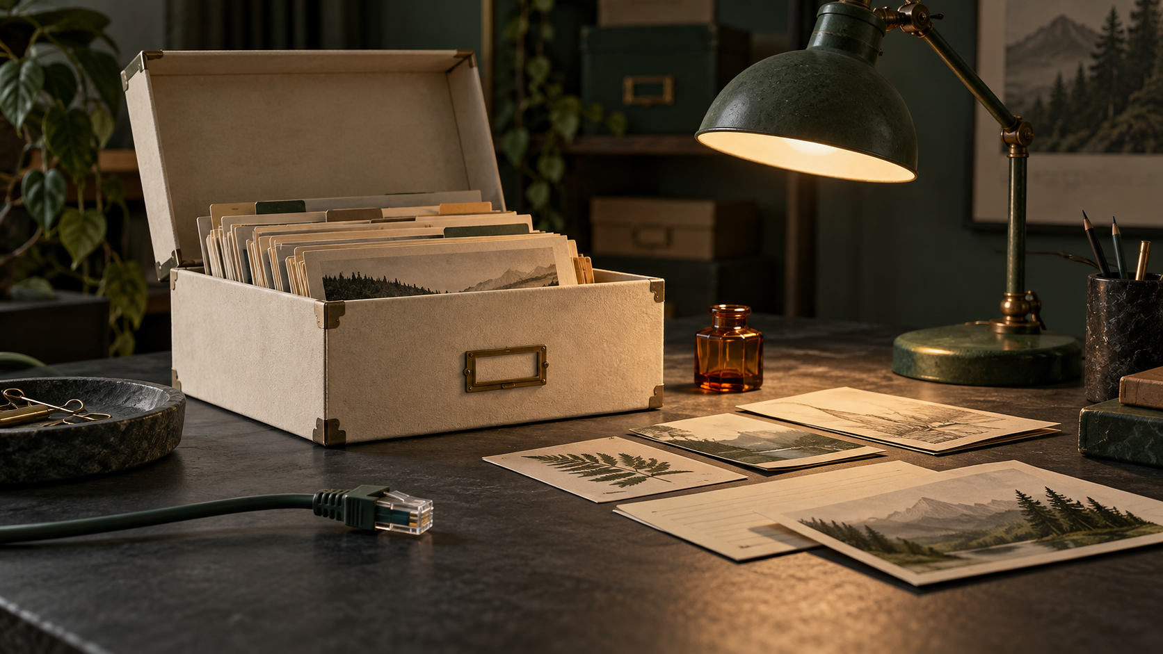 An ivory archive box sr a desk lamp while a disconnected network plug rests nearby.