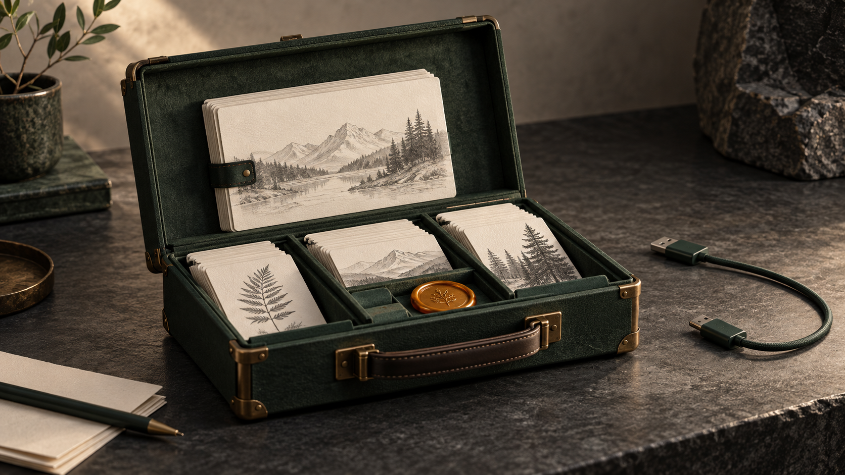 An open green carrying case holds ivory document cards beside a disconnected cable.