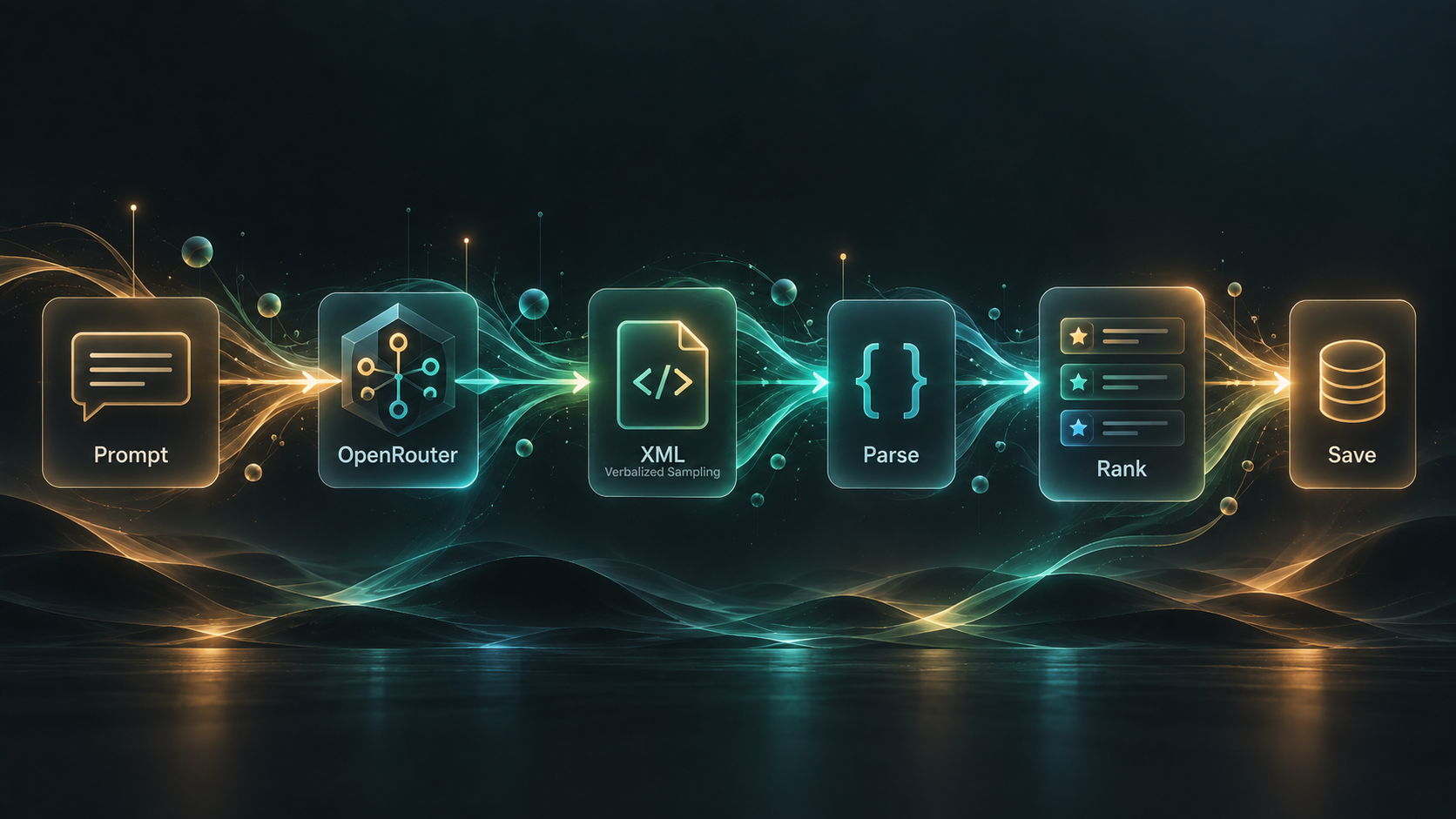 Flow from prompt through OpenRouter Verbalized Sampling to parsed, ranked, and saved candidates